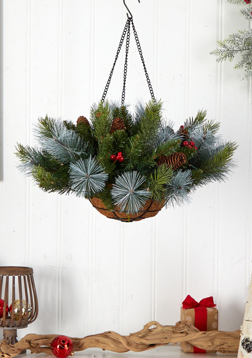 24 inch Holiday Pre-Lit (30 LED Lights) Pine and Berries Artificial Christmas Hanging Basket, Indoor Outdoor Patio Porch Decor