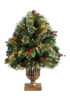 Nearly Natural 3 Foot Holiday Pre-Lit Snow Tip Greenery, Berries and Pinecones Artificial Christmas Plant in Urn with 100 LED Lights, Indoor Outdoor