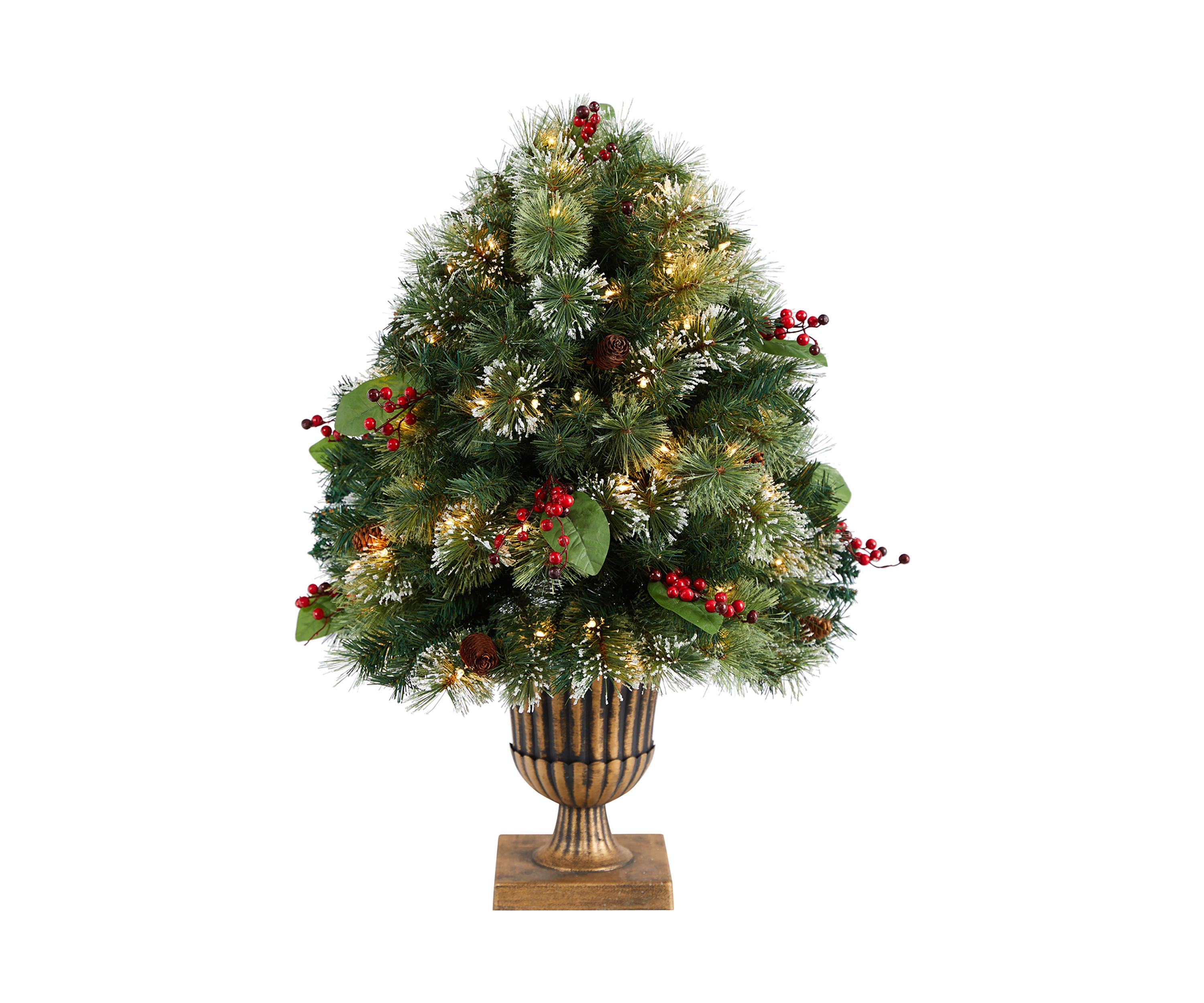 3 Foot Holiday Pre-Lit Snow Tip Greenery, Berries and Pinecones Artificial Christmas Plant in Urn with 100 LED Lights, Indoor Outdoor Patio Porch Decor