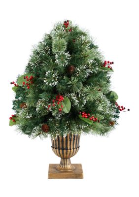 3 Foot Holiday Pre-Lit Snow Tip Greenery, Berries and Pinecones Artificial Christmas Plant in Urn with 100 LED Lights, Indoor Outdoor Patio Porch Decor