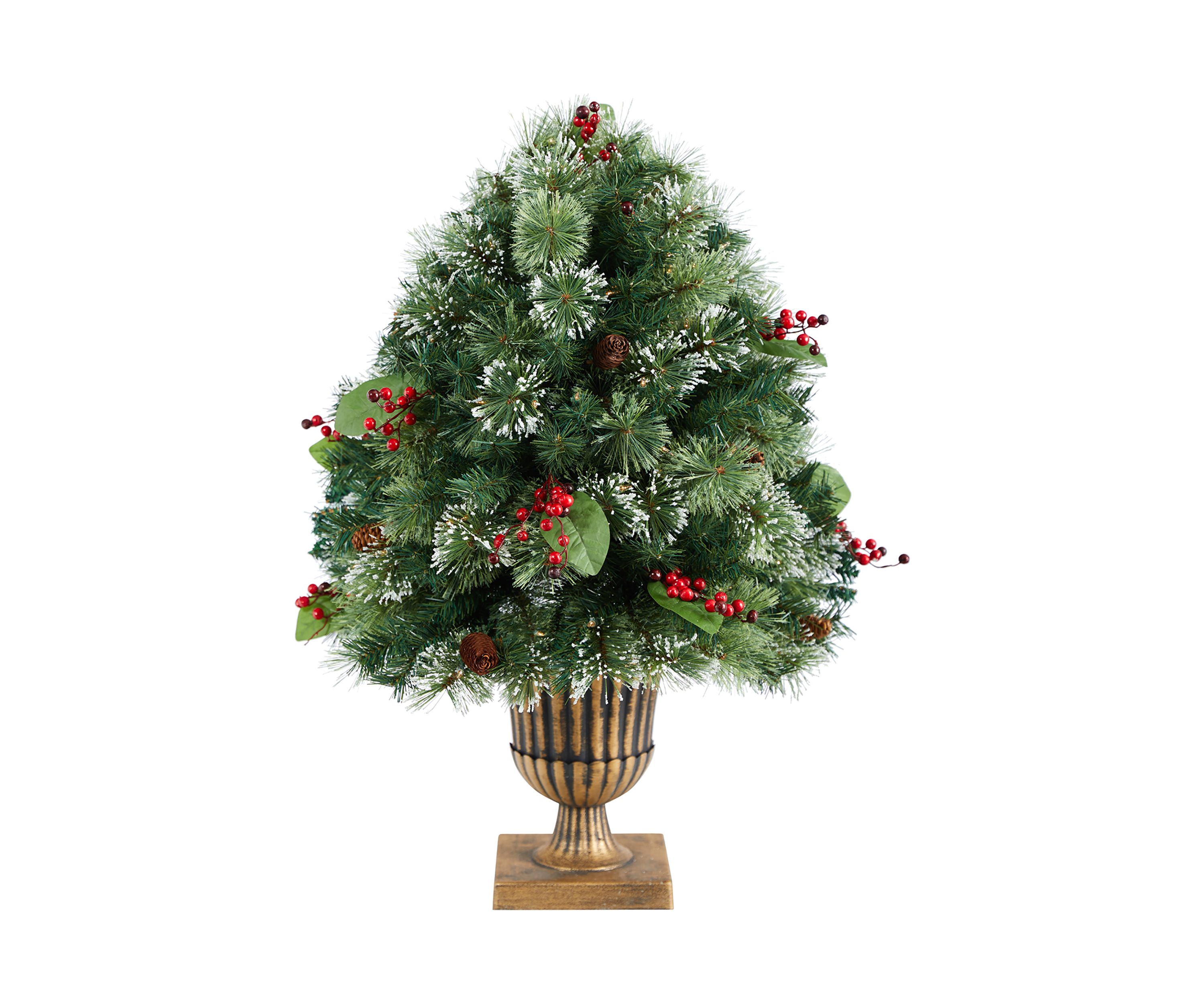 3 Foot Holiday Pre-Lit Snow Tip Greenery, Berries and Pinecones Artificial Christmas Plant in Urn with 100 LED Lights, Indoor Outdoor Patio Porch Decor