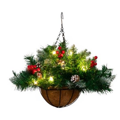 Nearly Natural 16in. Pre-Lit Artificial Pine and Berry Hanging Basket with White LED Lights, Green