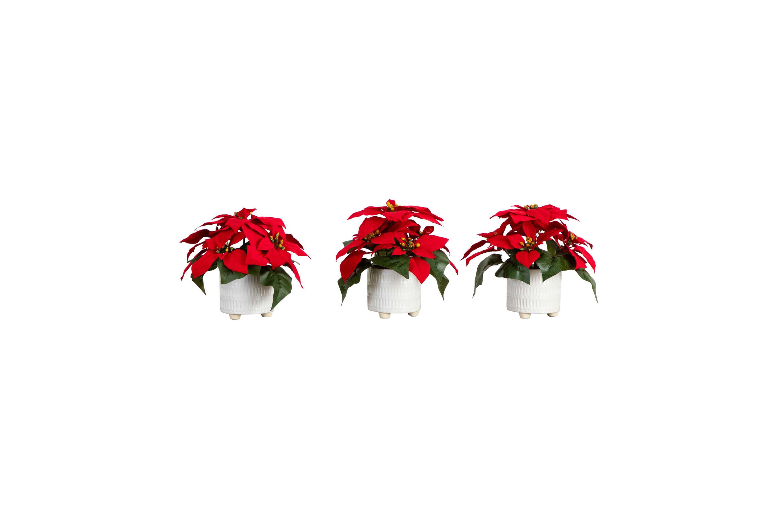 9in. Artificial Poinsettia Arrangements in White Ceramic Pots - Set of 3