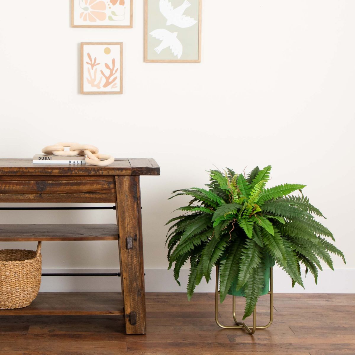 35in. Artificial Boston Fern in Brass Metal Planter with Stand