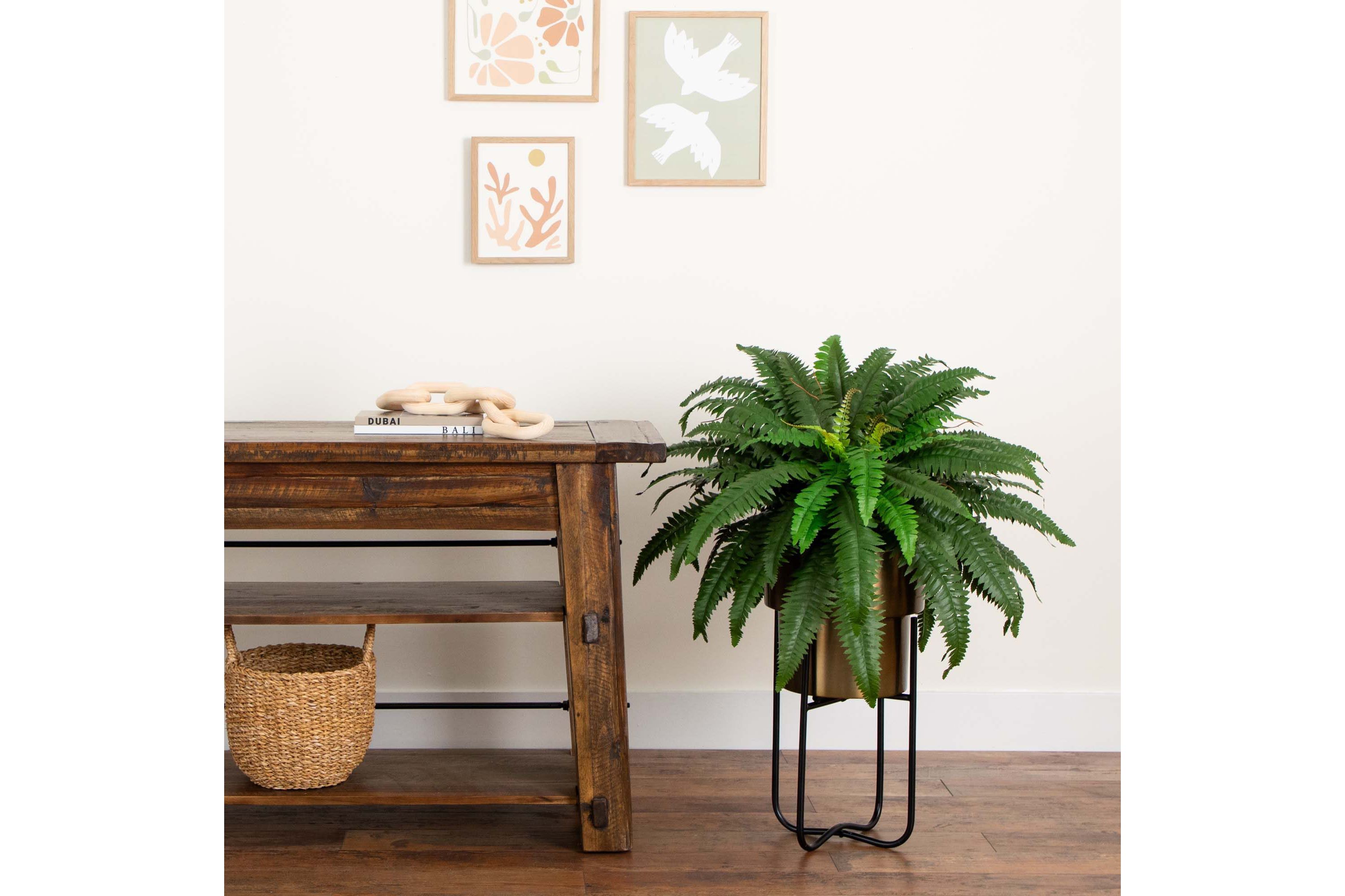 31in. Artificial Boston Fern in Patina Metal Planter with Stand