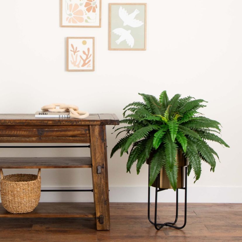 31in. Artificial Boston Fern in Patina Metal Planter with Stand