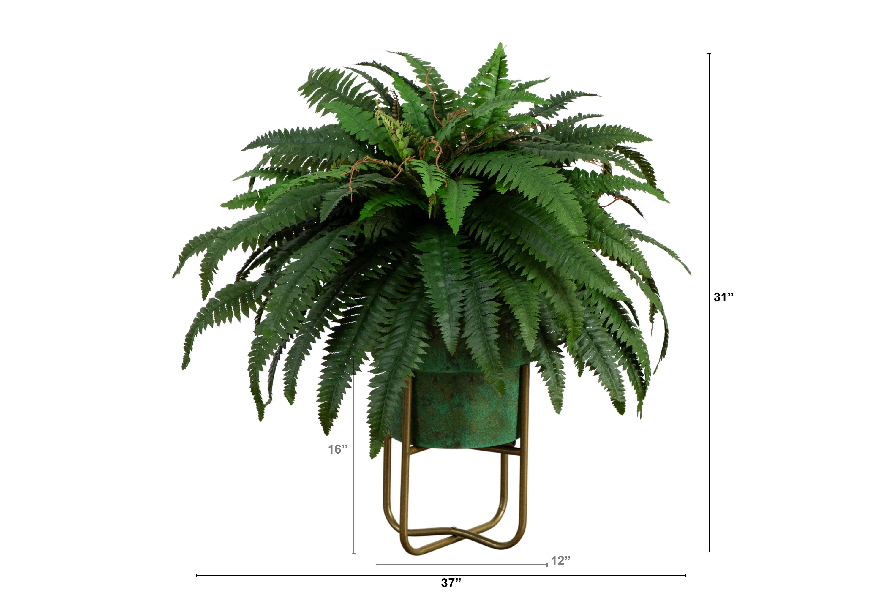 31in. Artificial Boston Fern in Patina Metal Planter with Stand