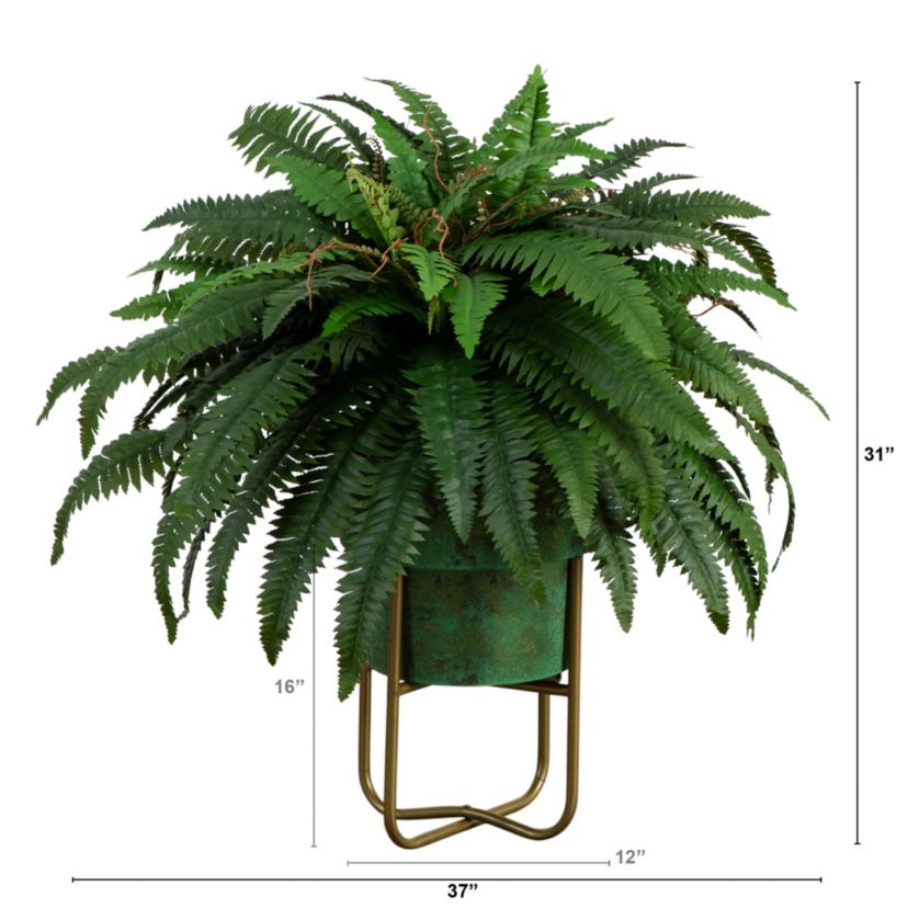 31in. Artificial Boston Fern in Patina Metal Planter with Stand