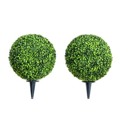 Nearly Natural 14in. Artificial Boxwood Ball Topiary with Integrated Ground Stake UV Resistant (Indoor/Outdoor) - Set of 2, Green