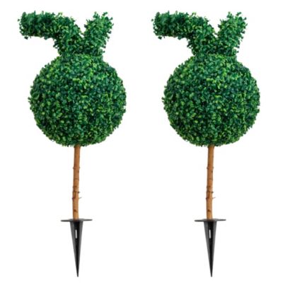 Nearly Natural 2-Foot UV Resistant Artificial Easter Bunny Boxwood Topiary with Integrated Ground Stake (Indoor/Outdoor) - Set of 2, Green