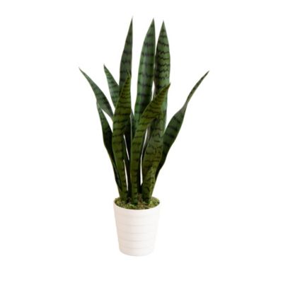 Nearly Natural 2-Foot UV Resistant Artificial Sansevieria Plant in White Decorative Planter (Indoor/Outdoor)