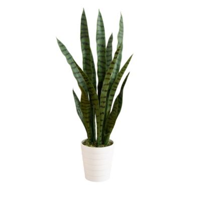 Nearly Natural 3-Foot UV Resistant Artificial Sansevieria Plant in White Decorative Planter (Indoor/Outdoor)