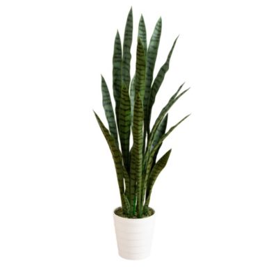 Nearly Natural 4-Foot UV Resistant Artificial Sansevieria Plant in White Decorative Planter (Indoor/Outdoor)