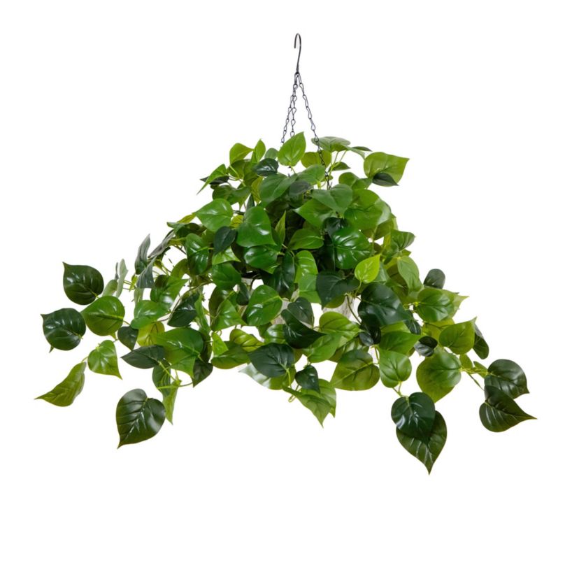 24-Inch UV Resistant Artificial Philodendron with 50 Warm White LED Lights in White Hanging Basket (Indoor/Outdoor)