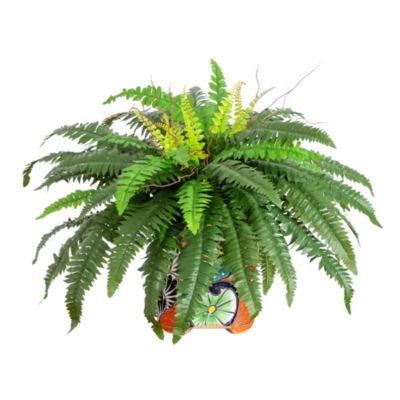 Nearly Natural 21-Inch Artificial Boston Fern in Handmade Mexican Talavera Ceramic Planter, Green