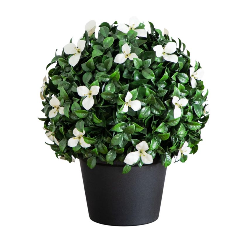 15-Inch UV Resistant Artificial Boxwood and Gardenia Topiary Plant (Indoor/Outdoor)