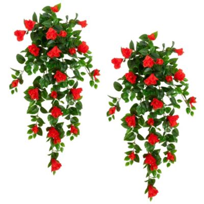 Nearly Natural 41-Inch UV Resistant Artificial Hibiscus Hanging Plant (Indoor/Outdoor) - Set of 2, Red