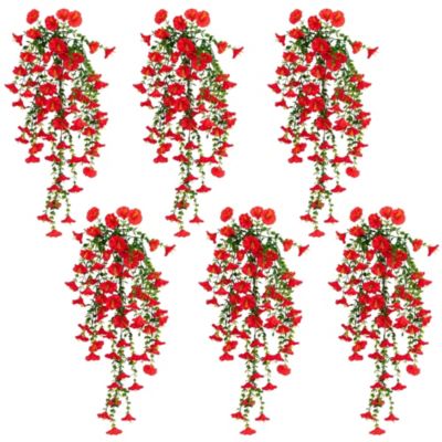 Nearly Natural 30-Inch UV Resistant Artificial Morning Glory Hanging Plant (Indoor/Outdoor) - Set of 6, Red