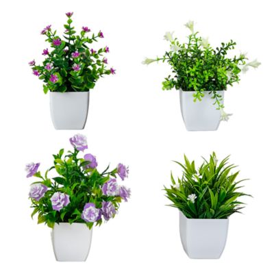 Nearly Natural 7-Inch Artificial Mini Flowering Potted Plants - Set of 4, Green