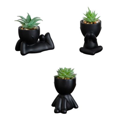 Nearly Natural 5-Inch Artificial Succulent Plants in Playful Decorative Black Planters - Set of 3, Green