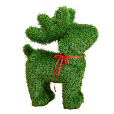 Nearly Natural 2-Foot UV Resistant Artificial Christmas Grass Garden Plush Topiary Reindeer (Indoor/Outdoor), Green