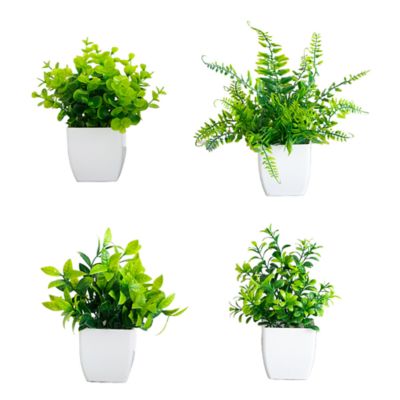 Nearly Natural 6-Inch Artificial Mixed Botanical Plant in White Square Pot - Set of 4, Green