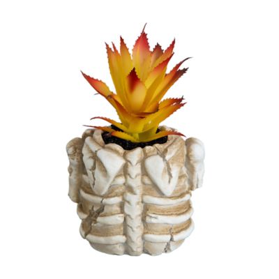 Nearly Natural 7-Inch Artificial Halloween Succulent Plant in Skeleton Planter, Orange
