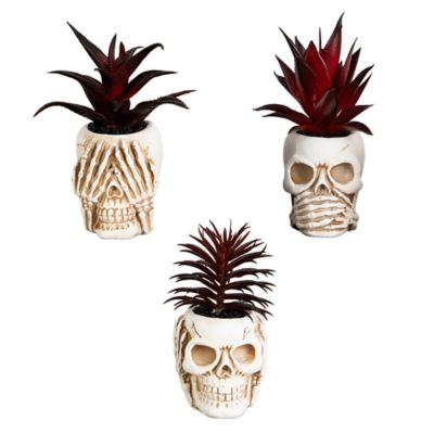 Nearly Natural 6-Inch Artificial Halloween Speak, Hear, See No Evil Succulent Plant Skull Decor - Set of 3, Red