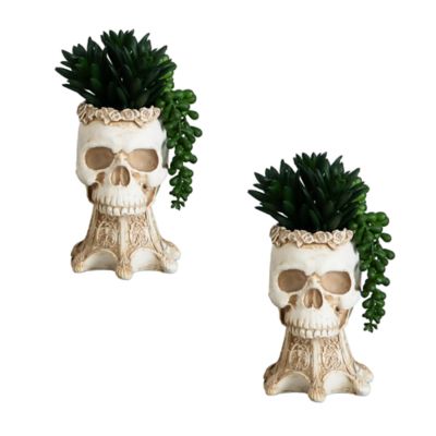 Nearly Natural 7-Inch Artificial Halloween Succulent Garden in Skull Planter - Set of 2