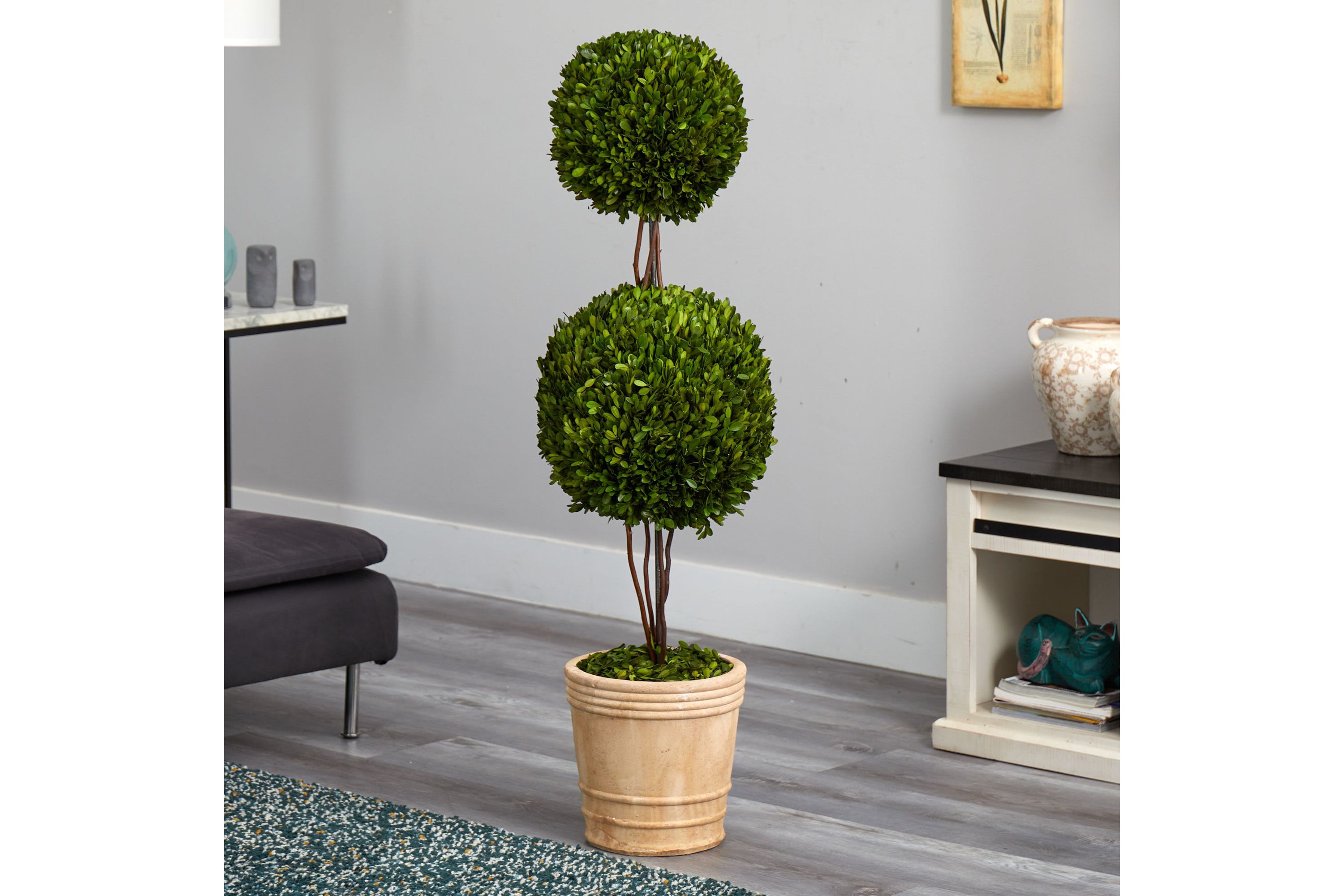 4-Foot Preserved Boxwood Double Ball Topiary Tree in Planter