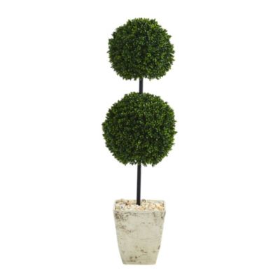 4-Foot Boxwood Double Ball Artificial Topiary Tree in Country White Planter UV Resistant (Indoor/Outdoor)
