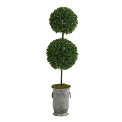 50-Inch Boxwood Double Ball Artificial Topiary Tree in Vintage Metal Planter UV Resistant (Indoor/Outdoor)