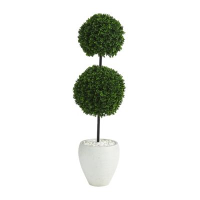 4-Foot Boxwood Double Ball Artificial Topiary Tree in White Planter UV Resistant (Indoor/Outdoor)