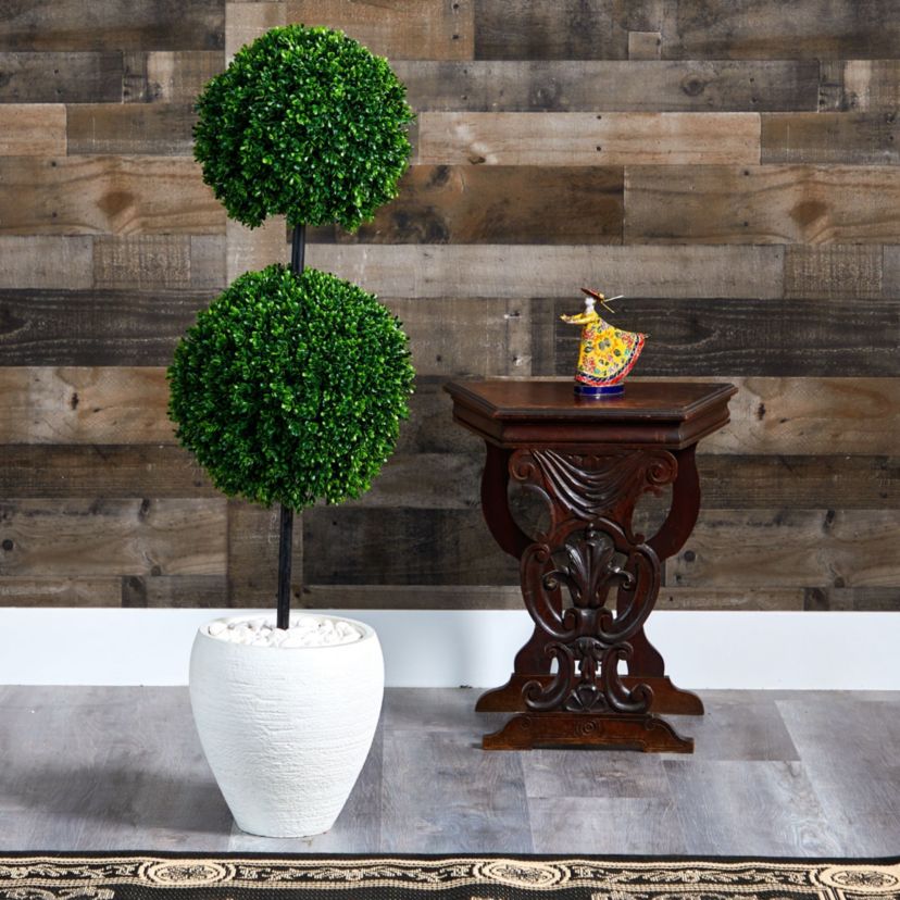 4-Foot Boxwood Double Ball Artificial Topiary Tree in White Planter UV Resistant (Indoor/Outdoor)