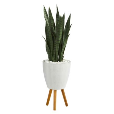 Nearly Natural 4-Foot Sansevieria Artificial Plant in White Planter with Stand