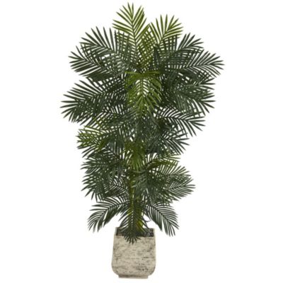 Nearly Natural 6.5-Foot Golden Cane Artificial Palm Tree in White Planter, Green