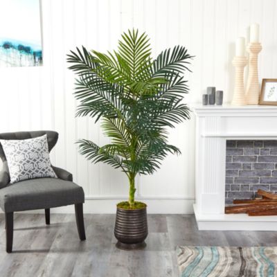 62-Inch Golden Cane Artificial Palm Tree in Ribbed Metal Planter