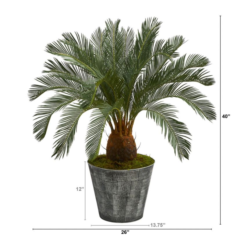 40-Inch Cycas Artificial Tree in Black Embossed Tin Planter