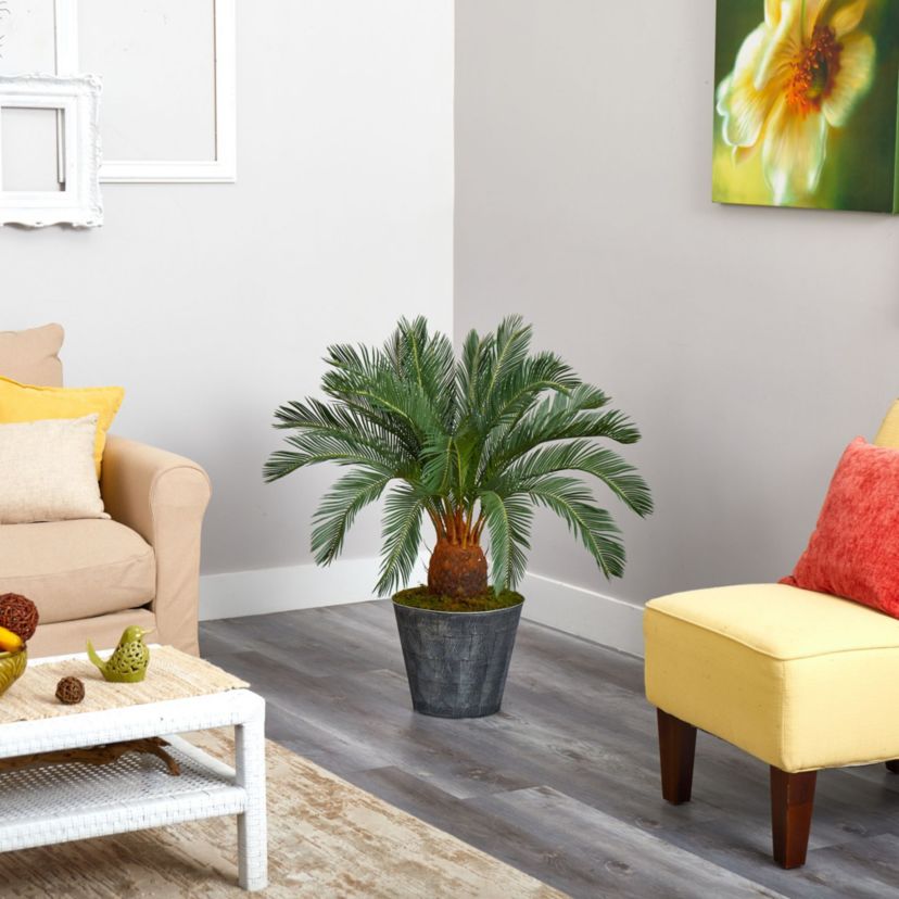 40-Inch Cycas Artificial Tree in Black Embossed Tin Planter