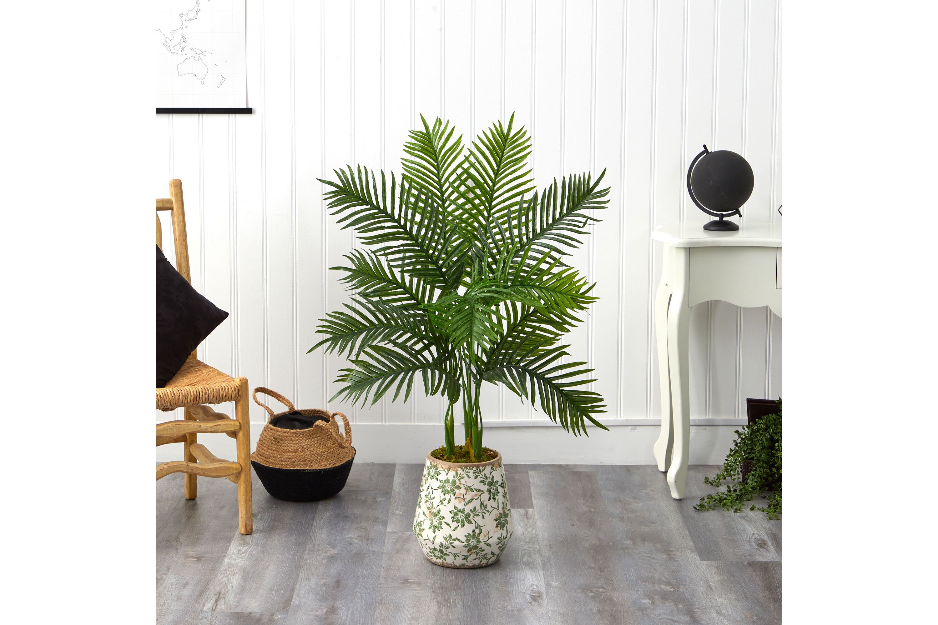 46-Inch Areca Palm Artificial Tree in Floral Print Planter (Real Touch)