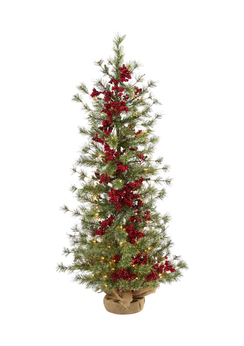 4 Foot Berry and Pine Artificial Christmas Tree with 100 Warm White Lights and Burlap Wrapped Base