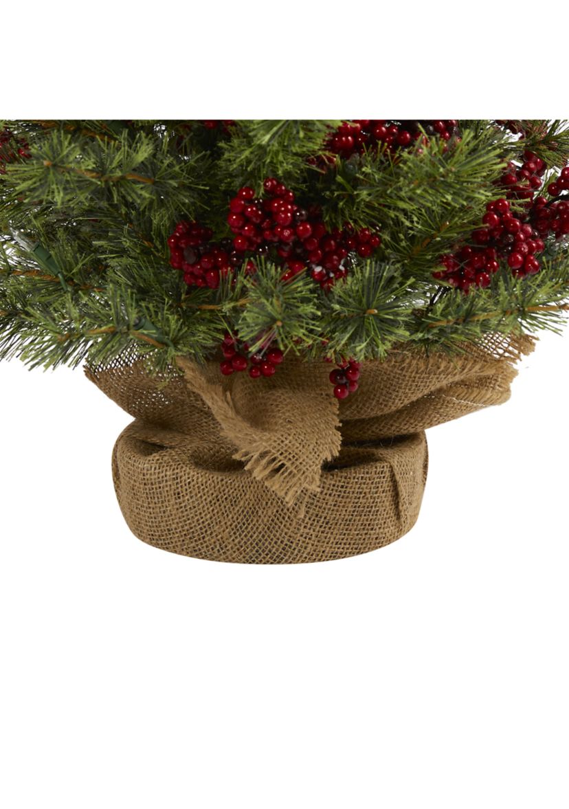 4 Foot Berry and Pine Artificial Christmas Tree with 100 Warm White Lights and Burlap Wrapped Base