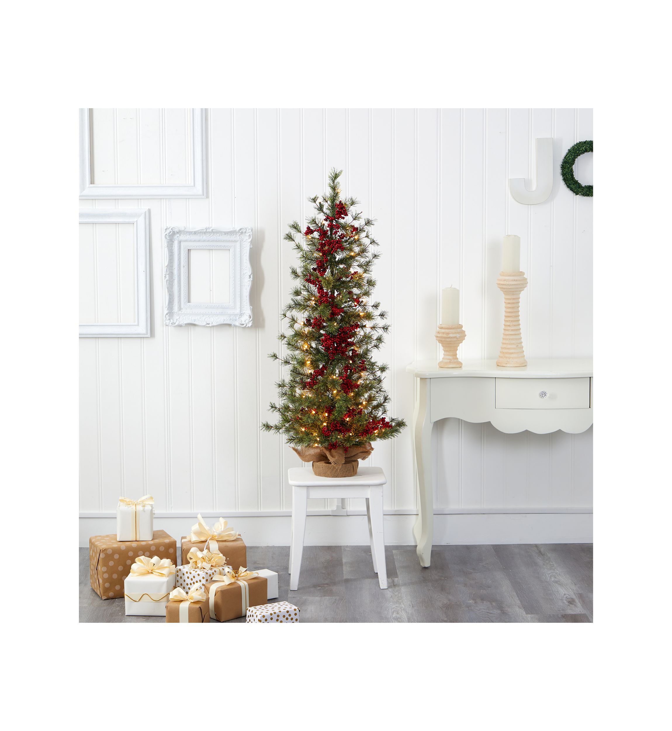 4 Foot Berry and Pine Artificial Christmas Tree with 100 Warm White Lights and Burlap Wrapped Base