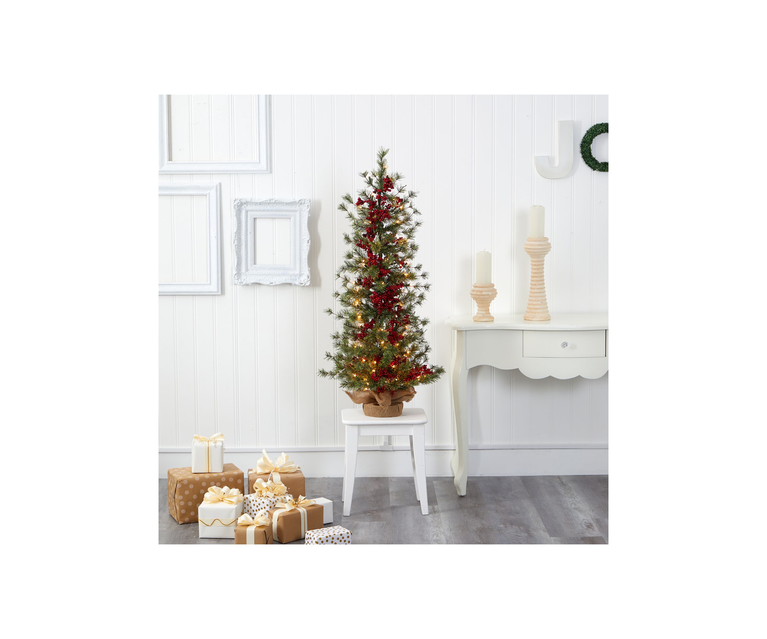 4 Foot Berry and Pine Artificial Christmas Tree with 100 Warm White Lights and Burlap Wrapped Base