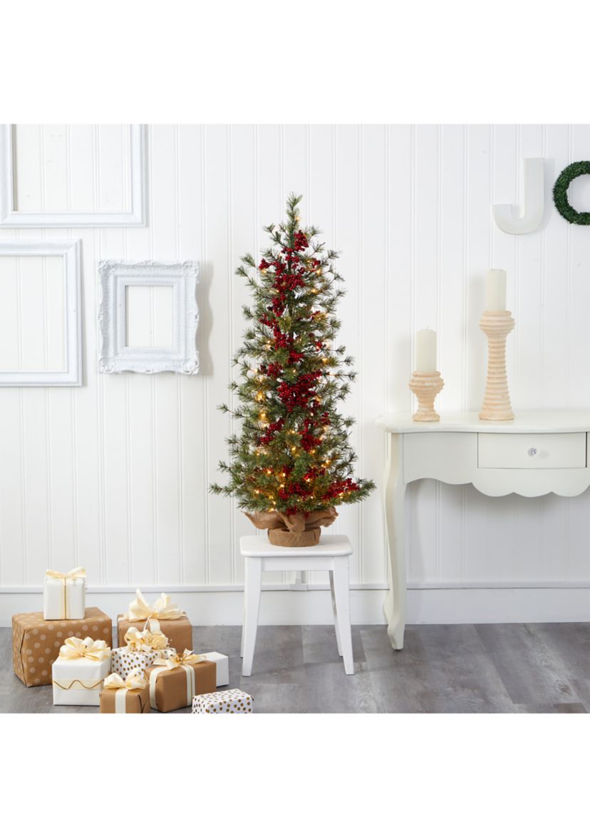 4 Foot Berry and Pine Artificial Christmas Tree with 100 Warm White Lights and Burlap Wrapped Base