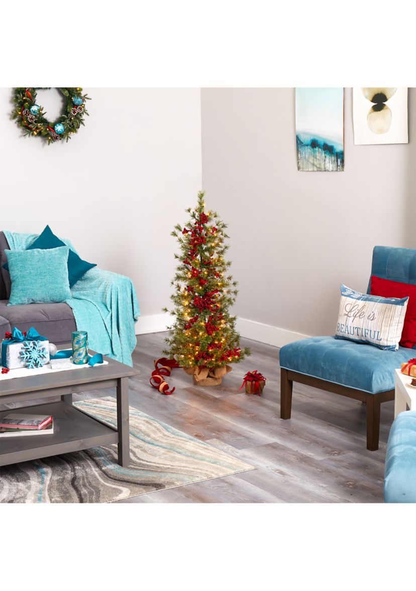 4 Foot Berry and Pine Artificial Christmas Tree with 100 Warm White Lights and Burlap Wrapped Base