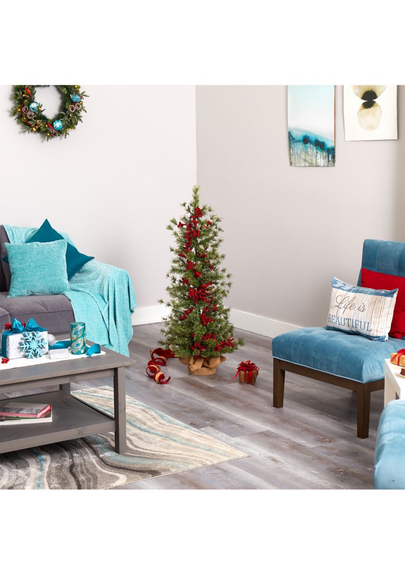 4 Foot Berry and Pine Artificial Christmas Tree with 100 Warm White Lights and Burlap Wrapped Base