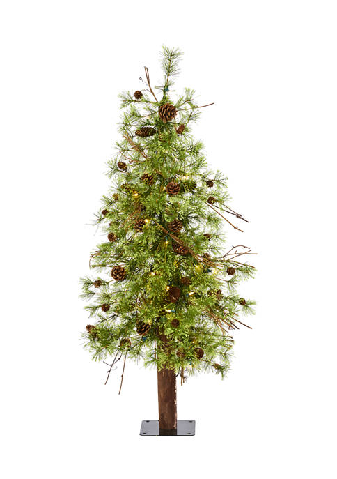4 Foot Wyoming Alpine Artificial Christmas Tree with 50 Clear (Multifunction) LED Lights and Pine Cones on Natural Trunk