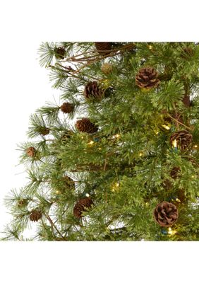 8-Foot Wyoming Alpine Artificial Christmas Tree with 250 Clear (Multifunction) LED Lights and Pine Cones on Natural Trunk