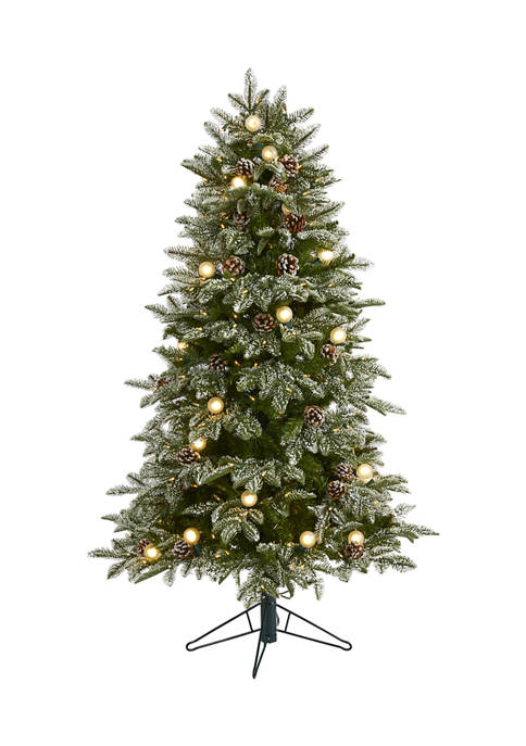 5 Foot Flocked Whistler Mountain Fir Artificial Christmas Tree with 250 Warm White LED Lights with Instant Connect Technology, 28 Globe Bulbs, Pine Cones, and 480 Bendable Branches